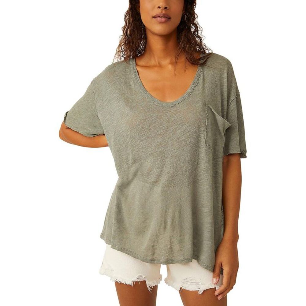 We The Free Womens Green Linen Blend Open Neck Pocket Pullover Top Shirt NWT